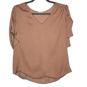 Naked Zebra Women's M Blouse Top Bronze V-Neck‎ Flutter Sleeve Casual Minimalist